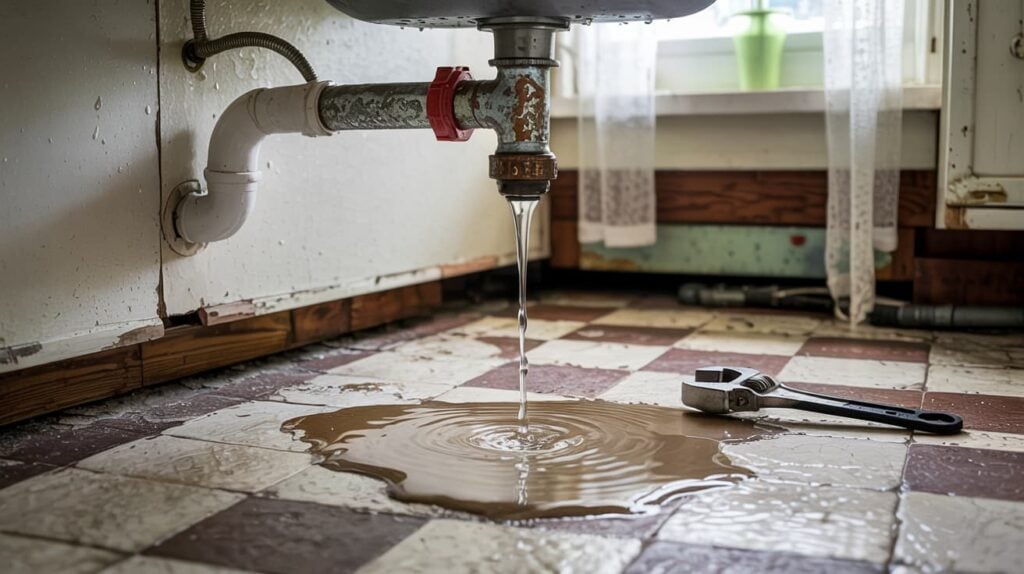 An old sink with running water. Some fixtures and pipes are older or corroded, making leaks more likely